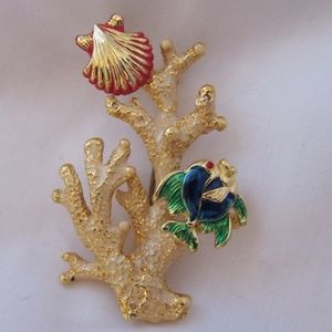 Golden coral brooch with sea life earrings